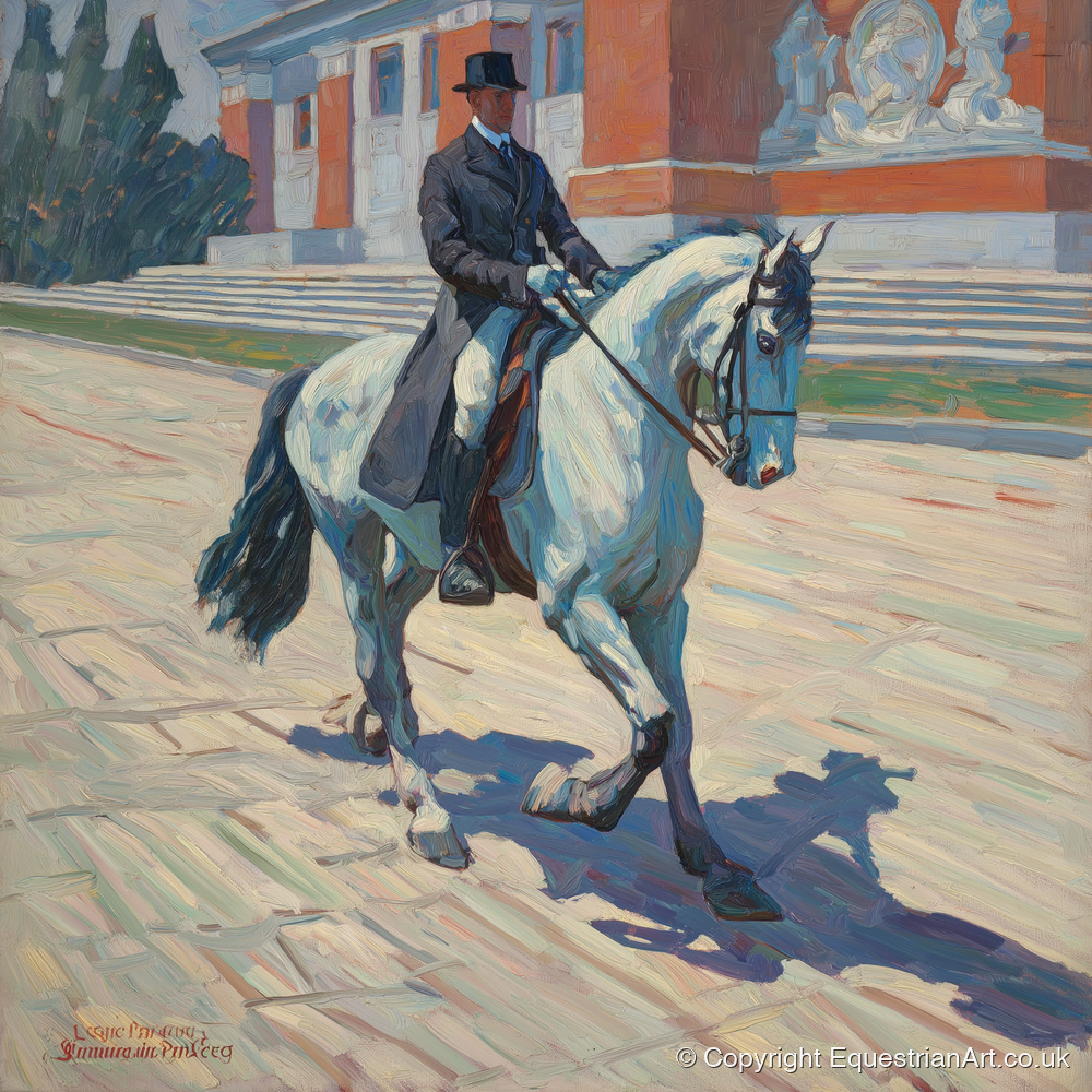 Sunlit Dressage Passage - dressage horse art print and canvas by Edgar Whitmore A.I
