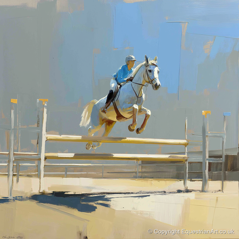 Sunlit Flight - show jumping horse art print and canvas by Elias Thorne A.I