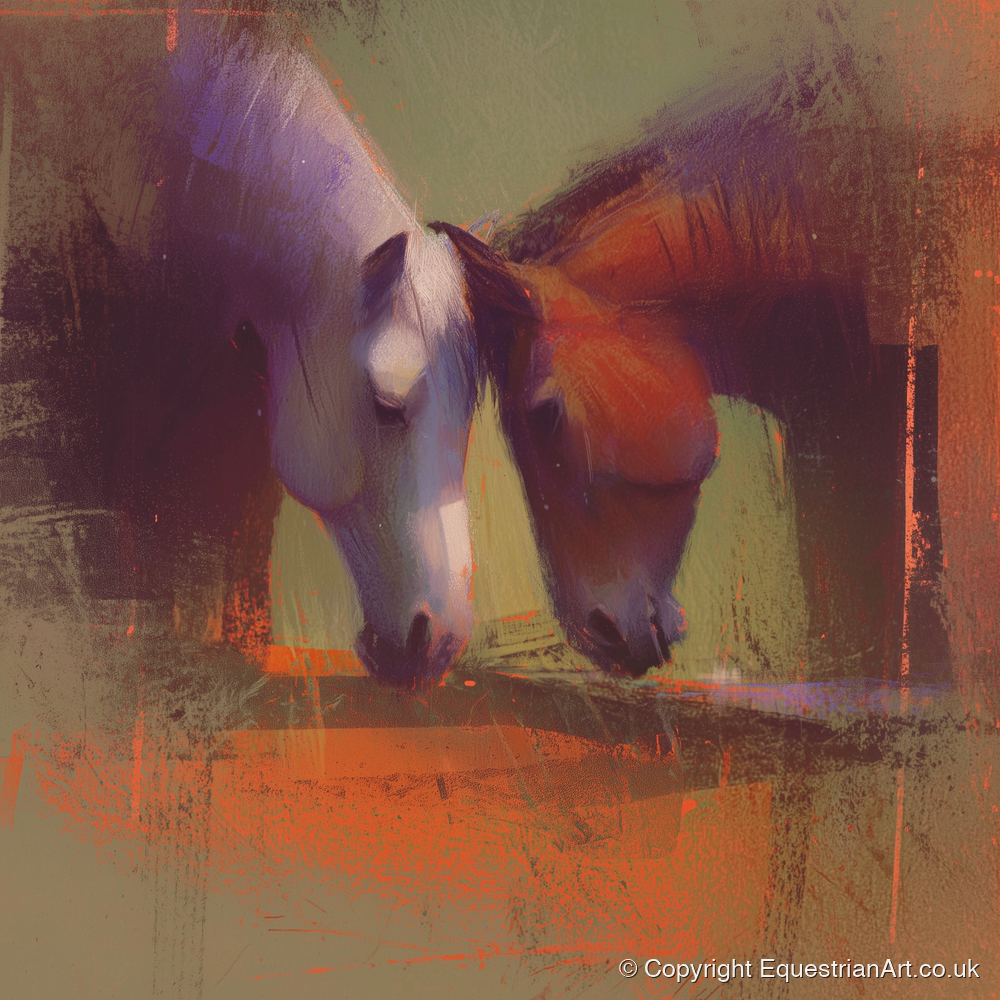 Sunlit Grazing Companions - horse portrait art print and canvas by Rupert Kingsley A.I
