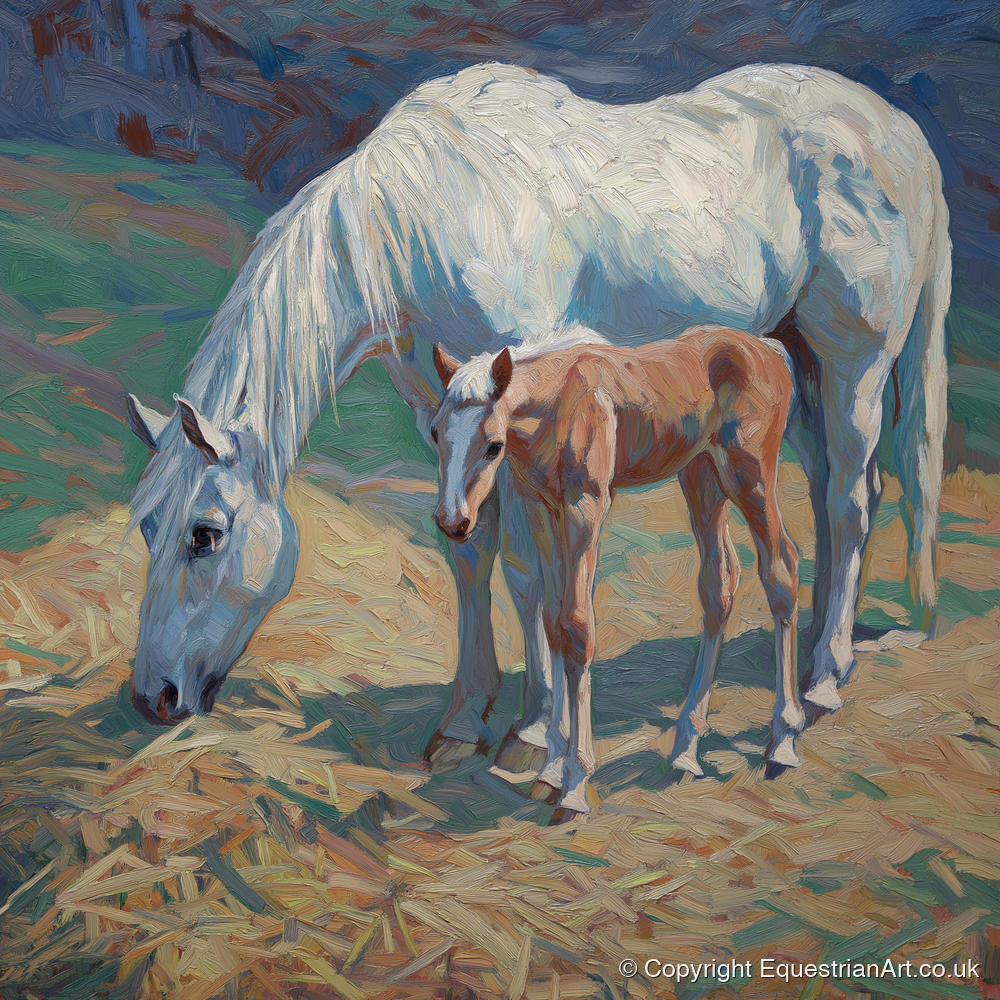 Sunlit Grey and Foal - mare & foal art print and canvas by Edgar Whitmore A.I