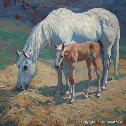 Sunlit Grey and Foal - mare & foal art print and canvas by Edgar Whitmore A.I