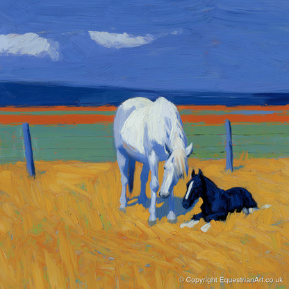 Sunlit Mare and Foal - mare & foal art print and canvas by Hugo Beckett A.I