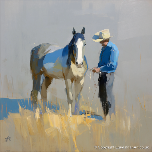 Sunlit Partnership - horse & rider art print and canvas by Elias Thorne A.I