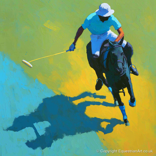 Sunlit Polo Pursuit - polo horse art print and canvas by Daphne Morley A.I