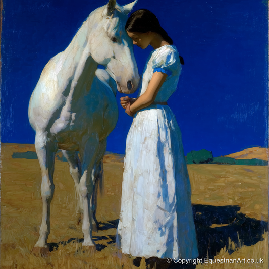 Sunlit Serenity - horse & rider art print and canvas by Percival Kent A.I