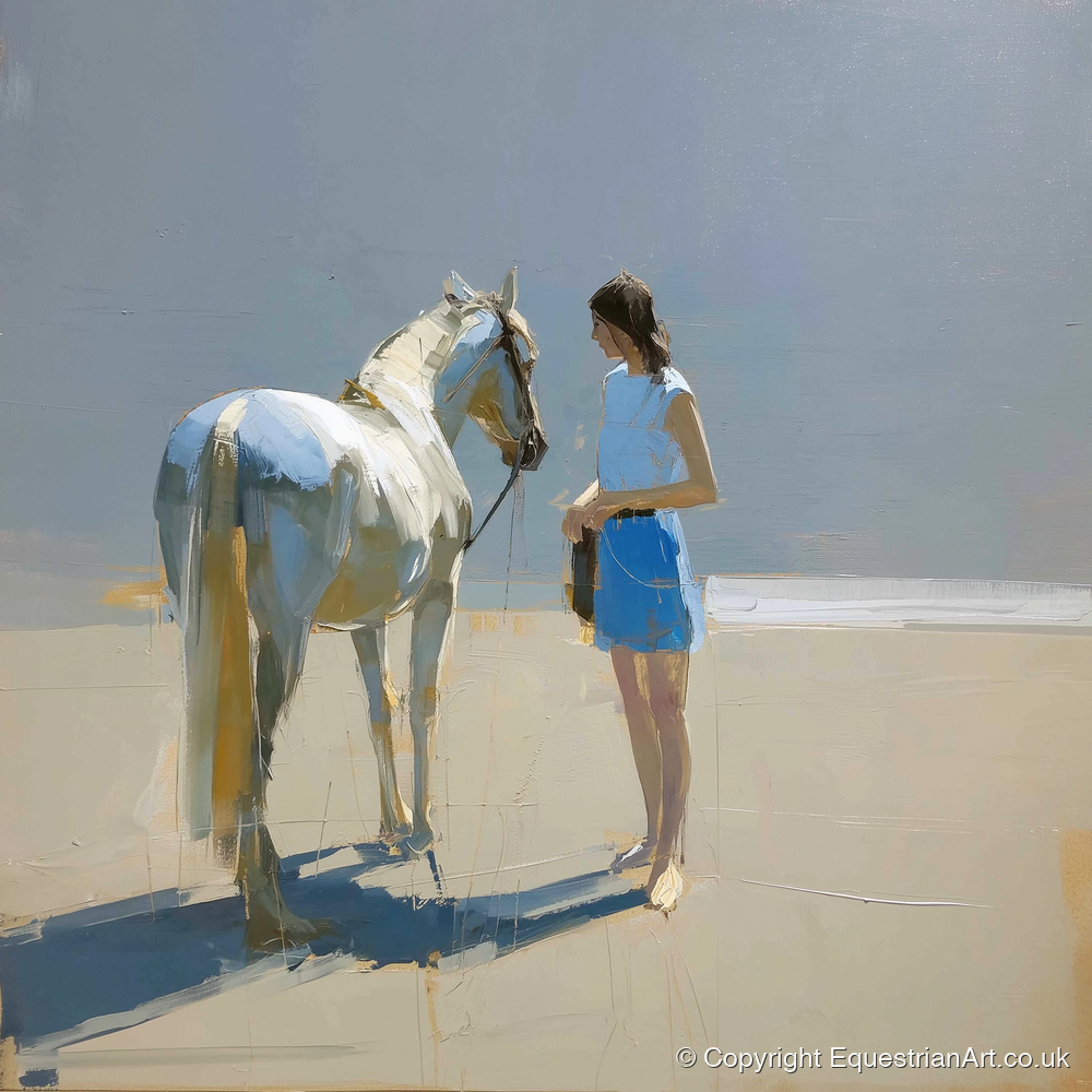 Sunlit Serenity in Blue - horse & rider art print and canvas by Elias Thorne A.I