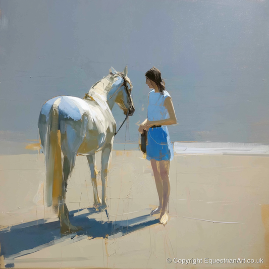 Sunlit Serenity in Blue - horse & rider art print and canvas by Elias Thorne A.I