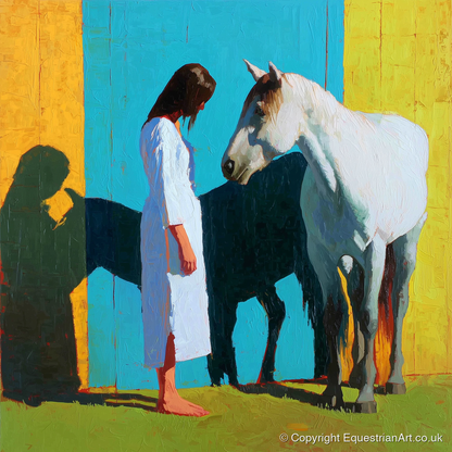 Sunlit Shadows - horse & rider art print and canvas by Daphne Morley A.I