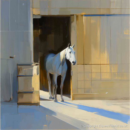 Sunlit Stable Doorway - horse stable art print and canvas by Elias Thorne A.I
