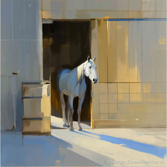 Sunlit Stable Doorway - horse stable art print and canvas by Elias Thorne A.I