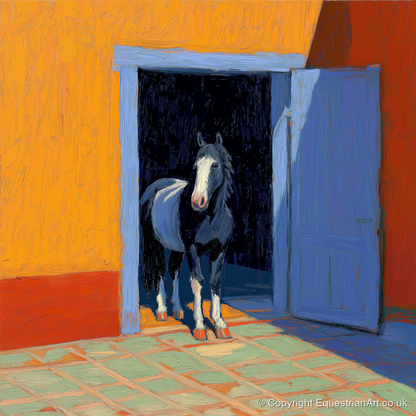 Sunlit Stable Doorway - horse stable art print and canvas by Hugo Beckett A.I