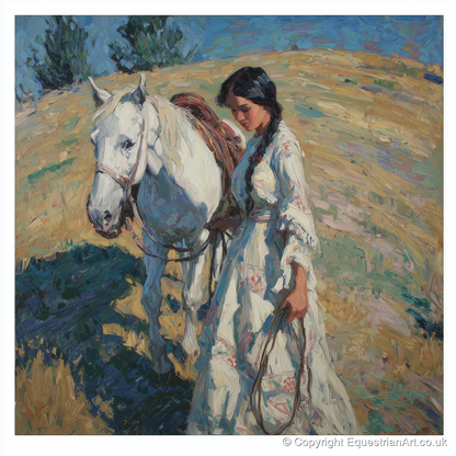 Sunlit Summer Stroll - horse & rider art print and canvas by Edgar Whitmore A.I