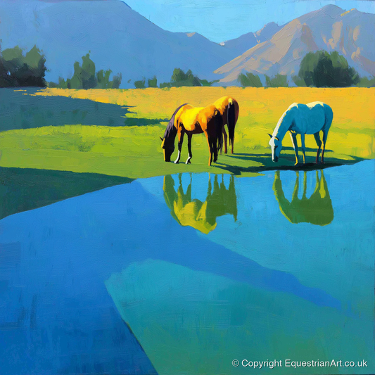 Sunlit Waterside Grazing - wild horses art print and canvas by Daphne Morley A.I