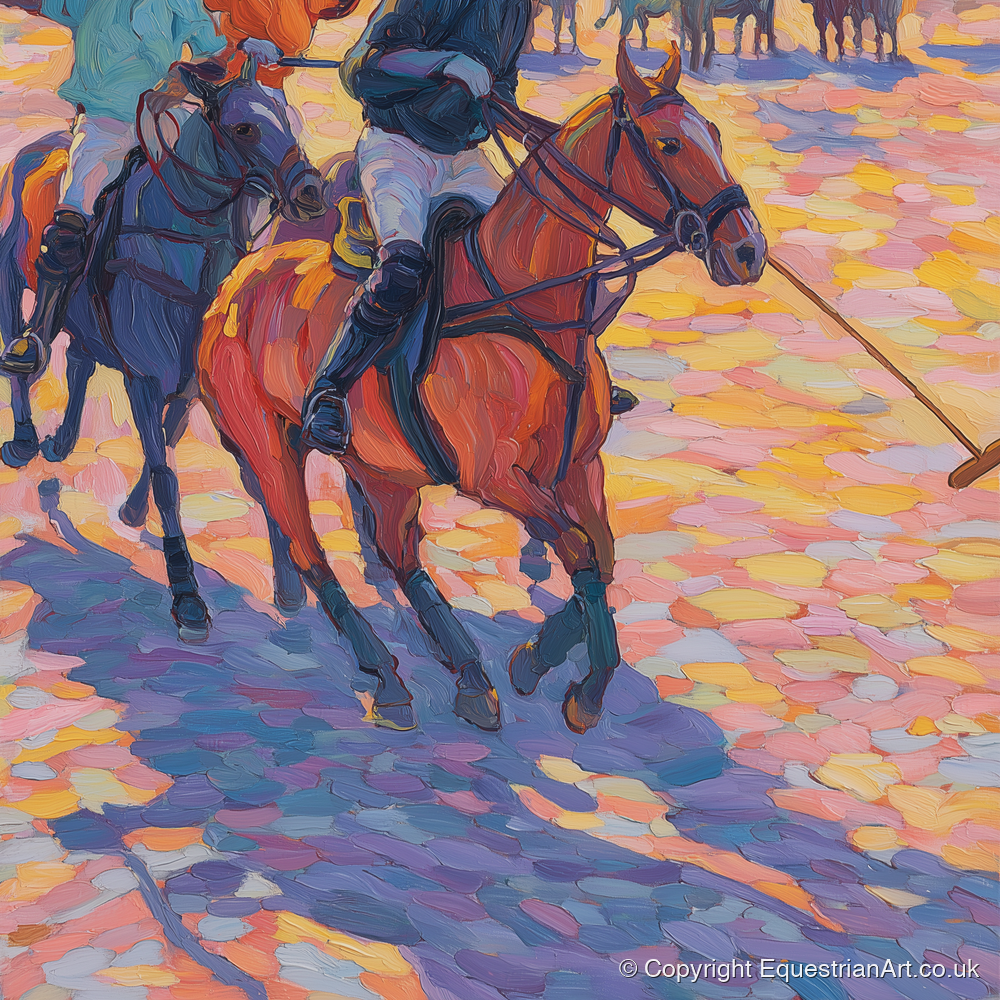 Sunset Chukka Shadows - polo horse art print and canvas by Celia Harding A.I