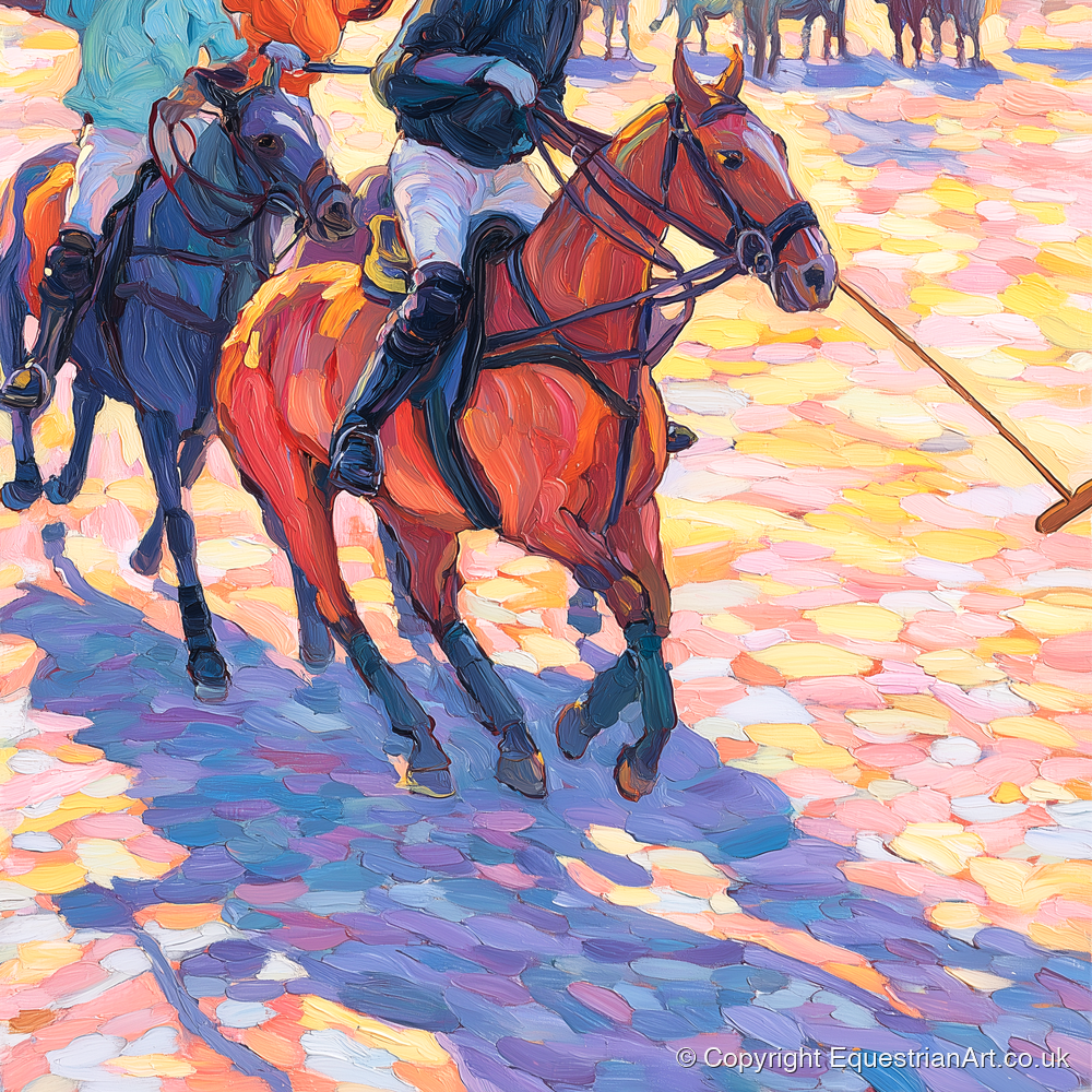 Sunset Chukka Shadows - polo horse art print and canvas by Celia Harding A.I