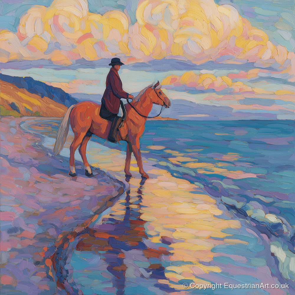Sunset Coastal Reflections - beach horse art print and canvas by Celia Harding A.I