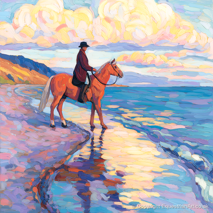 Sunset Coastal Reflections - beach horse art print and canvas by Celia Harding A.I