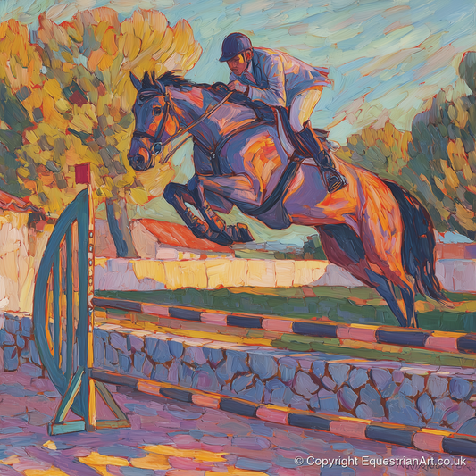 Sunset Flight - show jumping horse art print and canvas by Celia Harding A.I