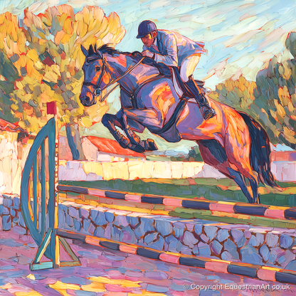 Sunset Flight - show jumping horse art print and canvas by Celia Harding A.I