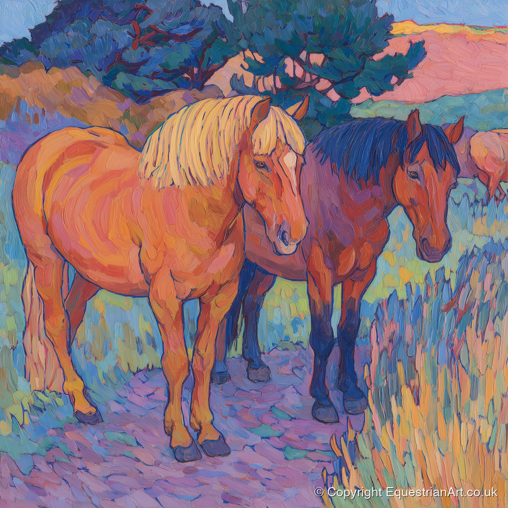Sunset Pasture Companions - horse landscape art print and canvas by Celia Harding A.I