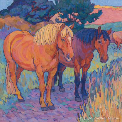 Sunset Pasture Companions - horse landscape art print and canvas by Celia Harding A.I