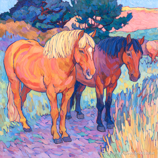 Sunset Pasture Companions - horse landscape art print and canvas by Celia Harding A.I