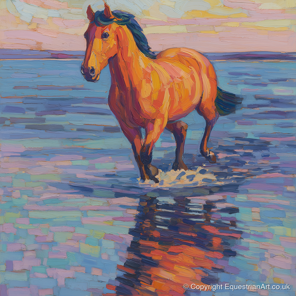 Sunset Shallows Stride - beach horse art print and canvas by Celia Harding A.I