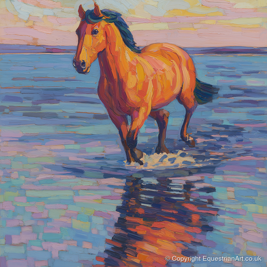 Sunset Shallows Stride - beach horse art print and canvas by Celia Harding A.I