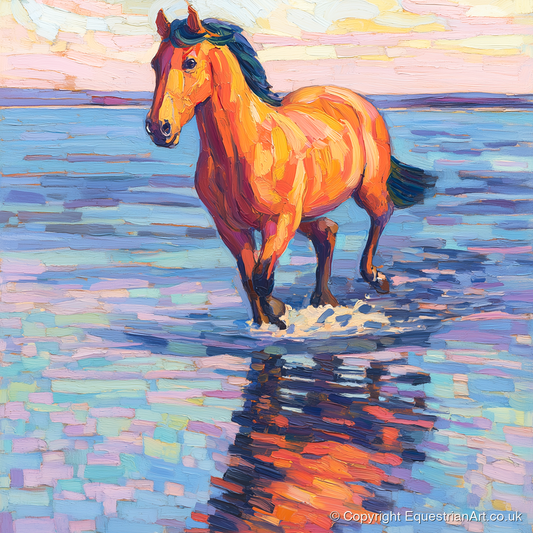 Sunset Shallows Stride - beach horse art print and canvas by Celia Harding A.I