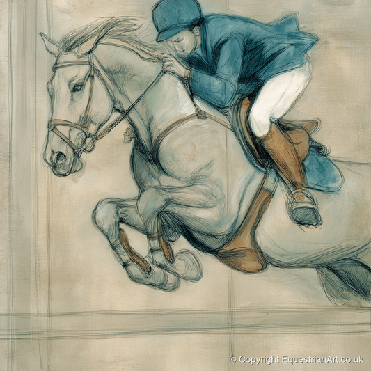Suspended Flight - show jumping horse art print and canvas by Clara Pemberton A.I
