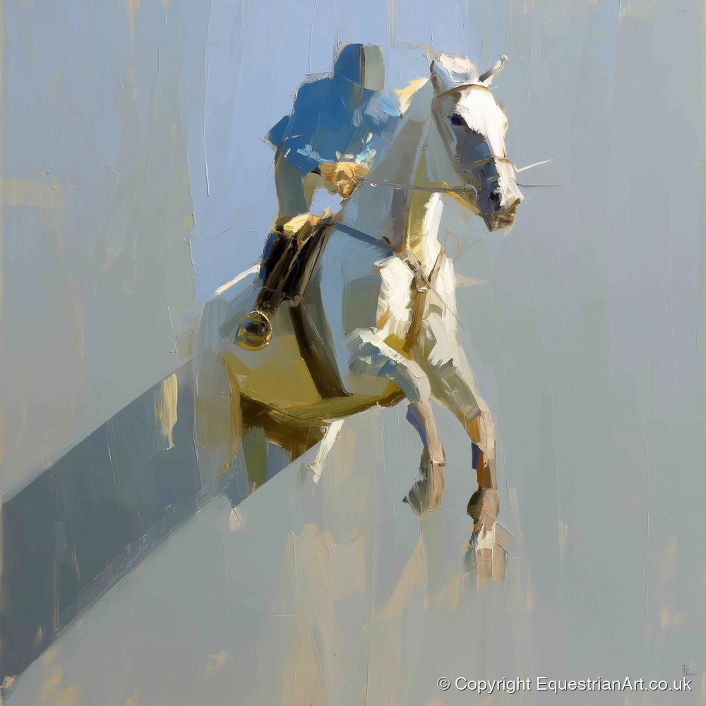 Suspended in Blue - show jumping horse art print and canvas by Elias Thorne A.I