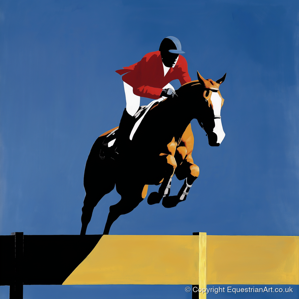 Suspended in Blue - show jumping horse art print and canvas by Vivienne Hartley A.I