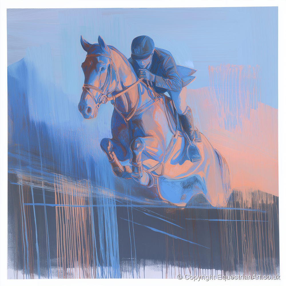Suspended in Cobalt - show jumping horse art print and canvas by Charles Ashford A.I