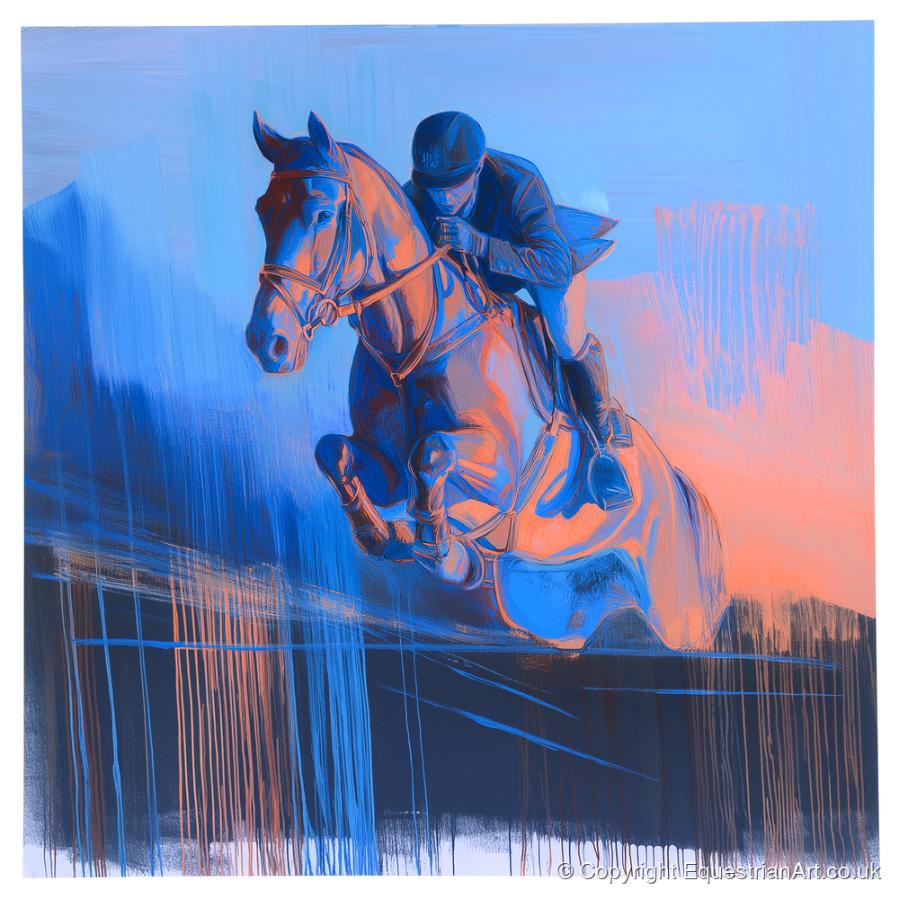 Suspended in Cobalt - show jumping horse art print and canvas by Charles Ashford A.I
