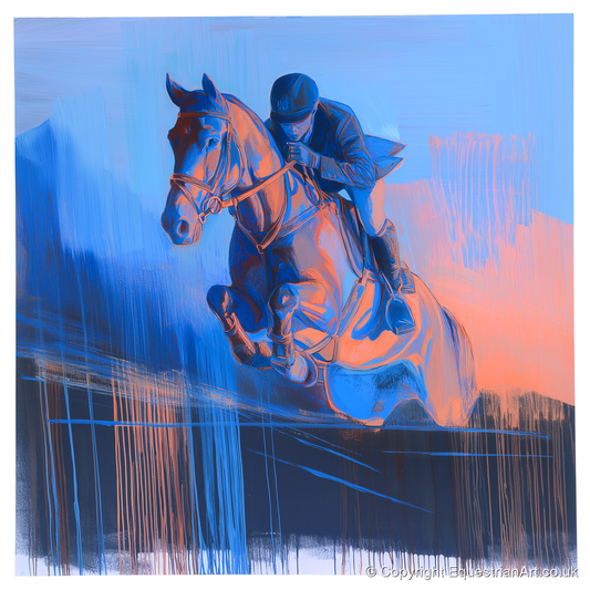 Suspended in Cobalt - show jumping horse art print and canvas by Charles Ashford A.I