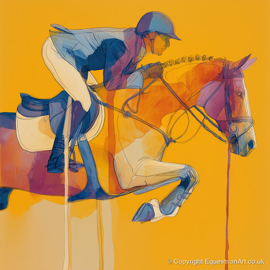 Suspended in Gold - show jumping horse art print and canvas by Tobias Blake A.I