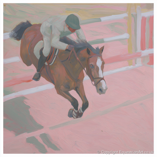 Suspended in Pink - show jumping horse art print and canvas by Florence Hadley A.I