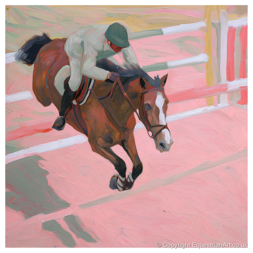 Suspended in Pink - show jumping horse art print and canvas by Florence Hadley A.I
