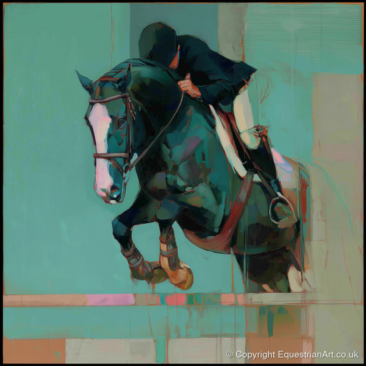 Suspended in Teal - show jumping horse art print and canvas by Quentin Hart A.I