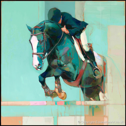 Suspended in Teal - show jumping horse art print and canvas by Quentin Hart A.I