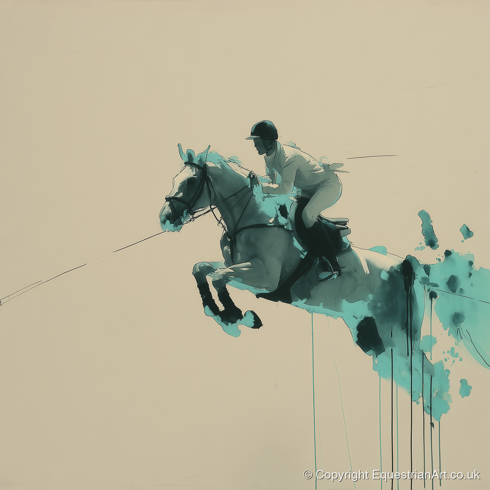 Suspended In Teal - show jumping horse art print and canvas by Callum Ross A.I