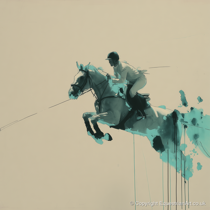 Suspended In Teal - show jumping horse art print and canvas by Callum Ross A.I