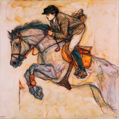 Suspended Momentum - show jumping horse art print and canvas by Clementine Villiers A.I
