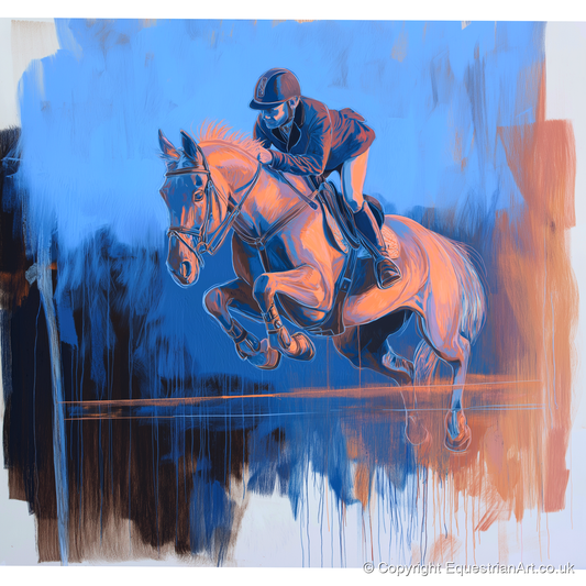 Suspended Over Cobalt - show jumping horse art print and canvas by Charles Ashford A.I