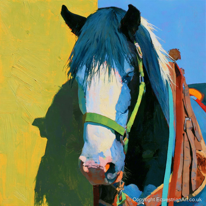 Tacked Horse Against Yellow Wall - horse breed art print and canvas by Daphne Morley A.I