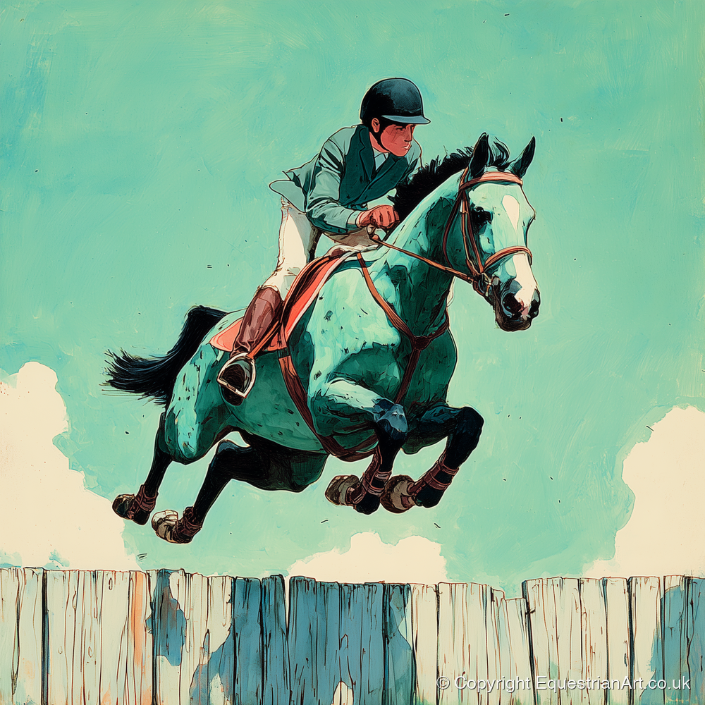 Teal Airborne Leap - show jumping horse art print and canvas by Declan Foley A.I