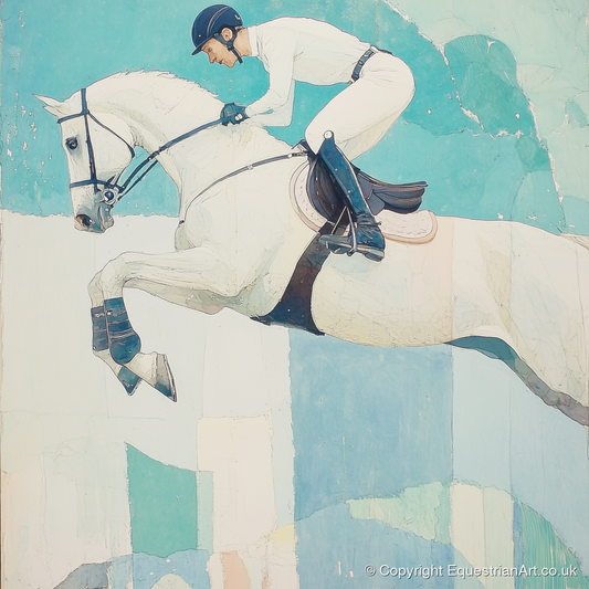 Teal Ascent - show jumping horse art print and canvas by Flora Whitby A.I