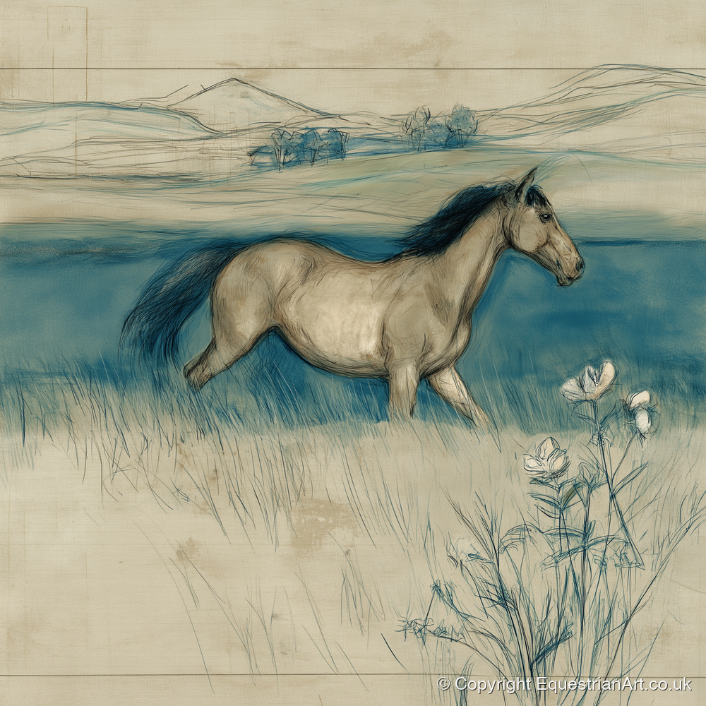 Teal Horizon Canter - horse landscape art print and canvas by Clara Pemberton A.I