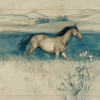 Teal Horizon Canter - horse landscape art print and canvas by Clara Pemberton A.I