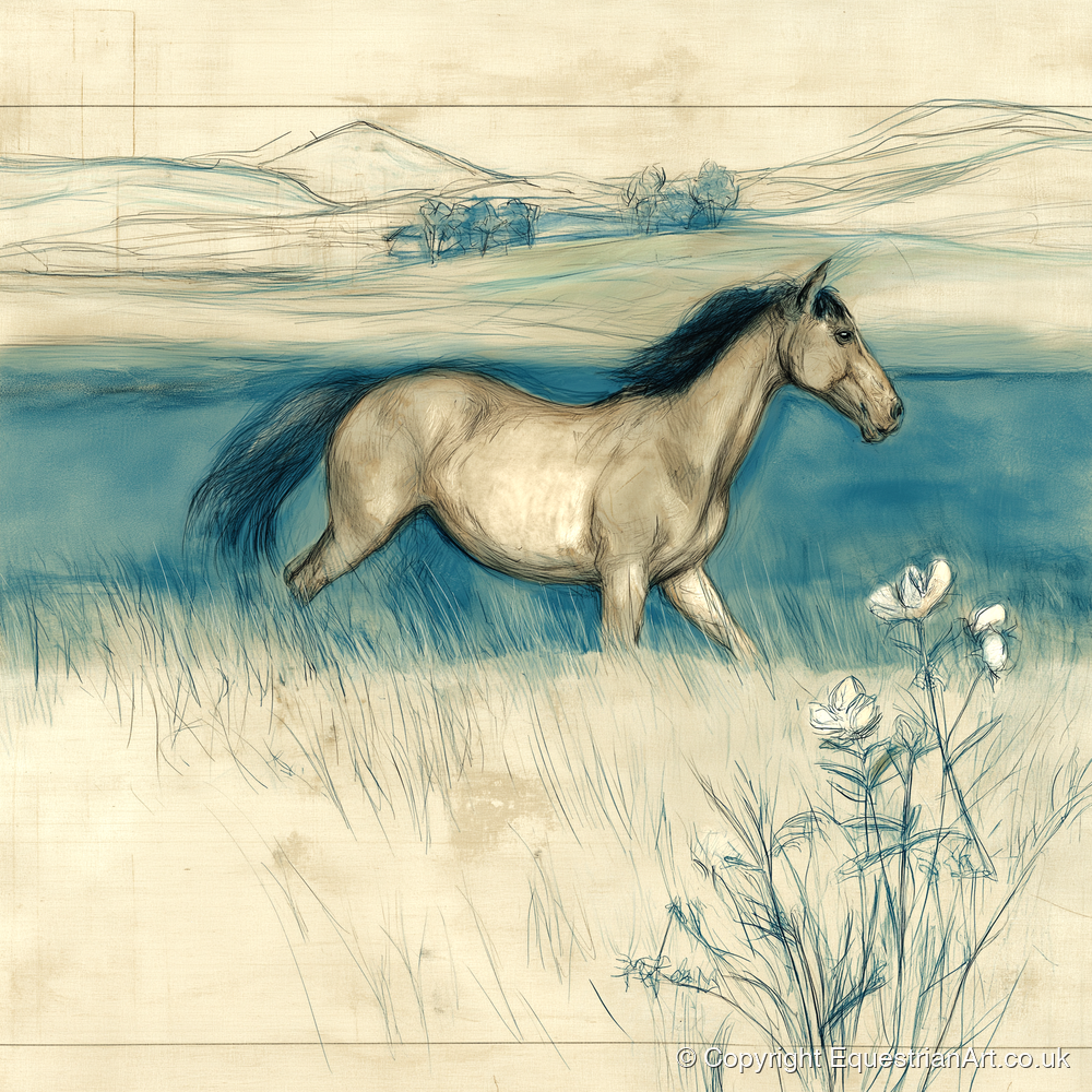 Teal Horizon Canter - horse landscape art print and canvas by Clara Pemberton A.I